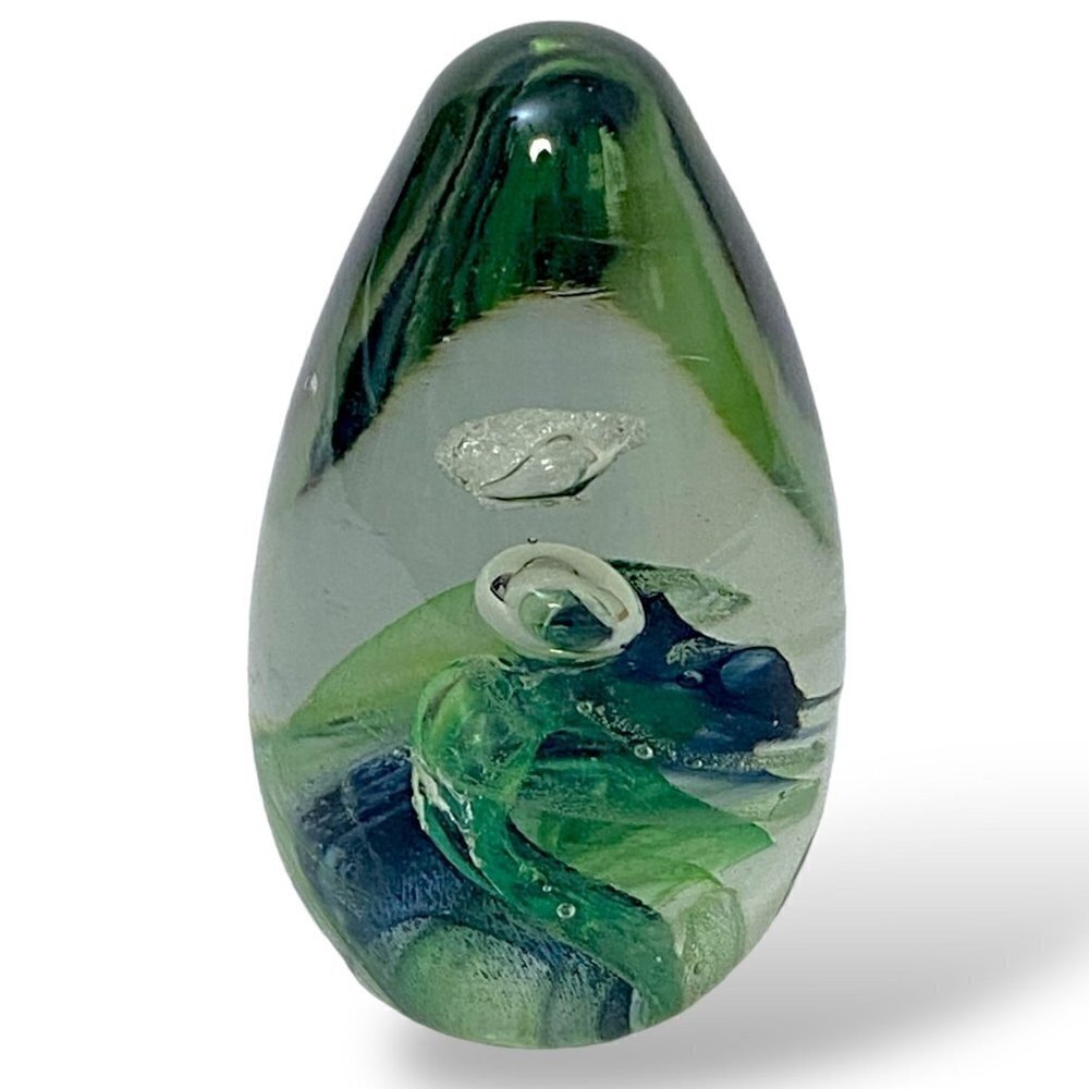 Glass Paperweight Abstract Green Swirl 3.5" Egg Shape Collectible